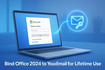 A laptop screen displaying Microsoft account login with a glowing email and key icon, representing the email bind activation of Microsoft Office 2024 for lifetime validity.